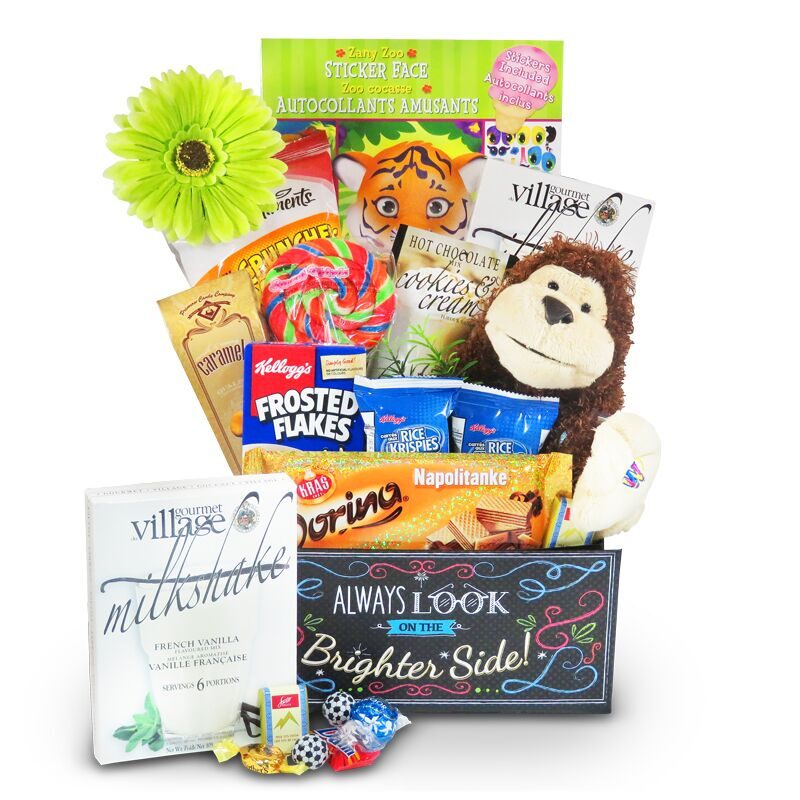 get well gift for children with plush, puzzle and sweets.