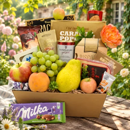 Farmers’ Offerings Fruit Basket with fresh apples, pears, kiwi, gourmet cheese, crackers and chocolates