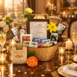 50th Anniversary Gift Basket with golden wedding anniversary plaque, gourmet chocolates and specialty cookies