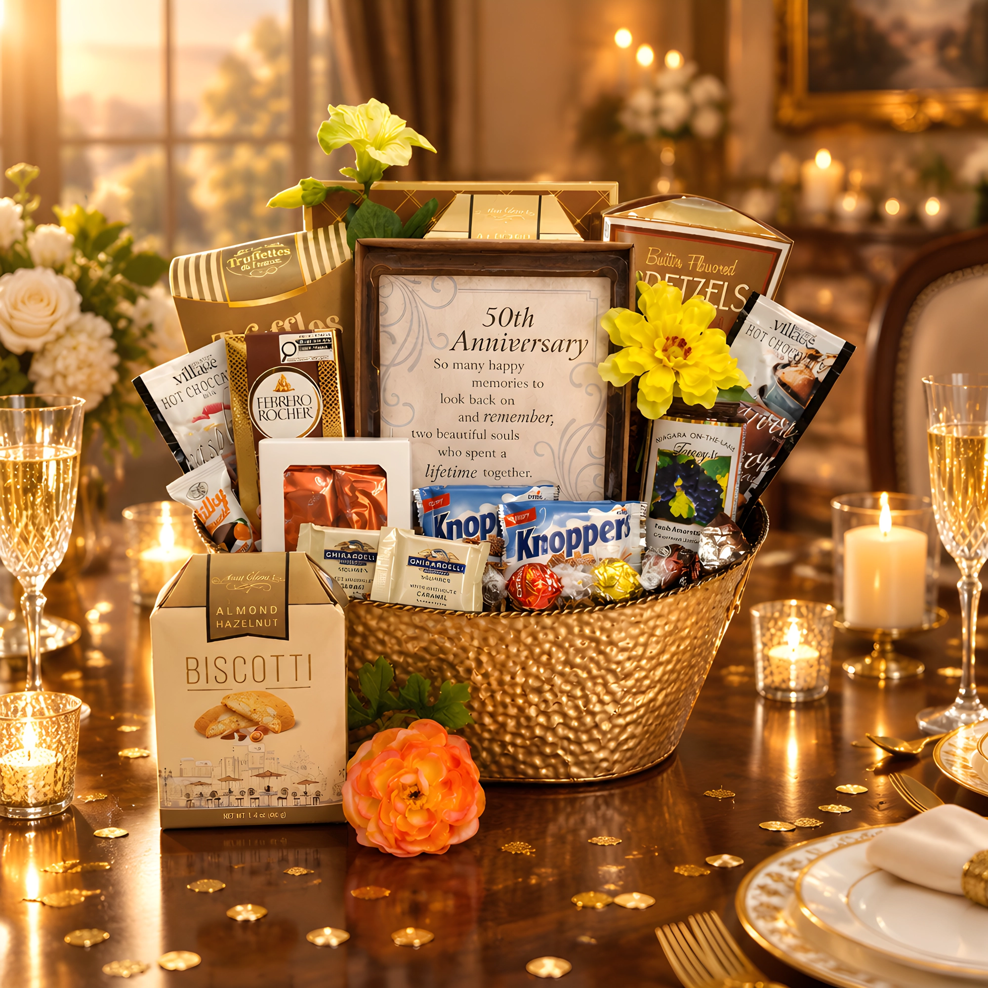 26138-50th Anniversary Gift Basket with golden wedding anniversary plaque, gourmet chocolates and specialty cookies 50th Anniversary Gift Basket with golden wedding anniversary plaque, gourmet chocolates and specialty cookies
