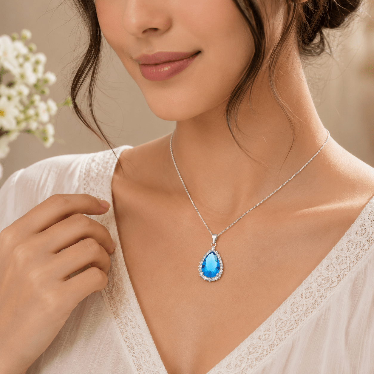 Silver Teardrop Pendant with blue CZ – 20” necklace included Silver Teardrop Pendant with blue CZ – 20” necklace included - Image 1