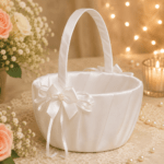 Wedding Flower Basket - Satin With Pearls - White