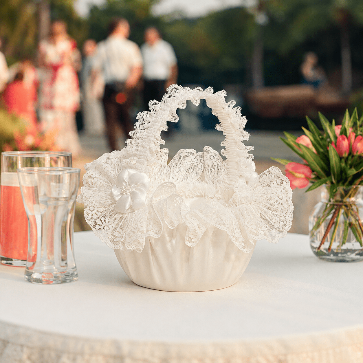 Wedding Flower Girl Basket – Puffed Satin Flower Wedding Flower Girl Basket - Puffed Satin Flower - Image 1
