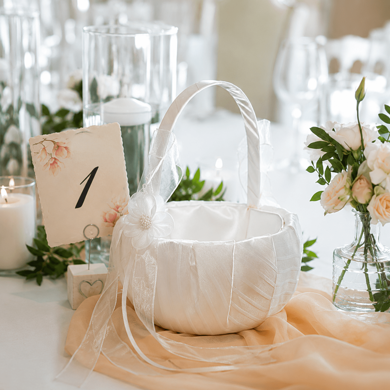 Wedding Flower Girl Basket – Schiffon Daisy Wedding Flower Girl Basket - Schiffon Daisy - Image 1