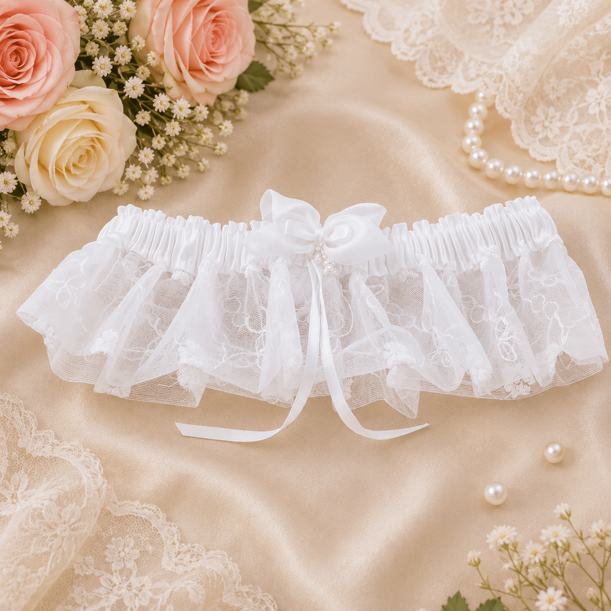 Wedding Garter - Embroidered Satin White Wedding Garter - Embroidered Satin White - Image 1