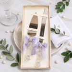 Wedding Knife Server Set with heart pendant and Iris ribbon