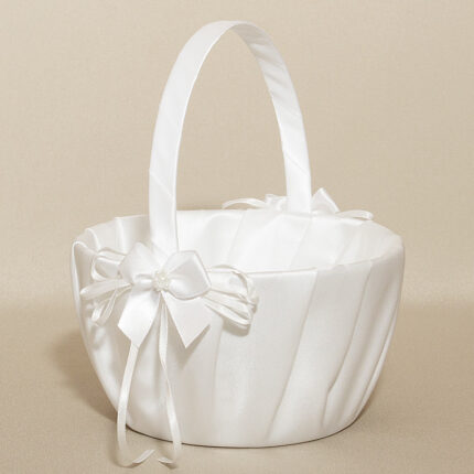 Wedding Flower Basket - Satin With Pearls - White