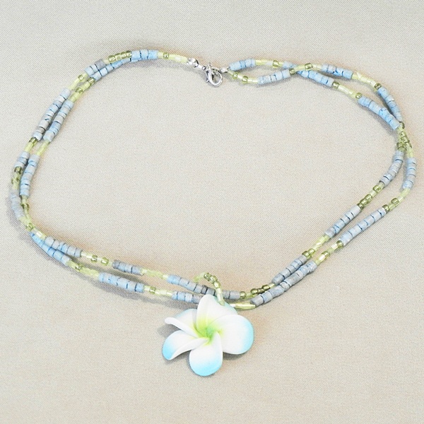 127-F1112B_3-LG.jpg Blue Shell Chain Necklace with Flower Pendant - Image 1