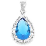 Silver Teardrop Pendant with blue CZ – 20” necklace included
