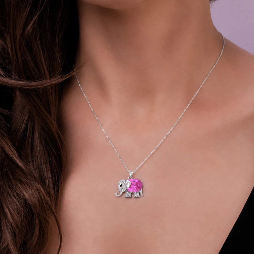 Pink Elephant Silver Pendant with Pink CZ_(1) Pink Elephant Silver Pendant with Pink CZ - Image 1