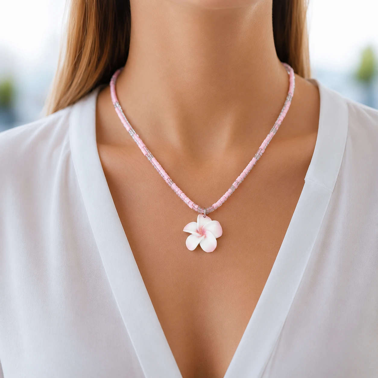 Pink Shell Chain Necklace with Flower Pendant Pink Shell Chain Necklace with Flower Pendant - Image 1