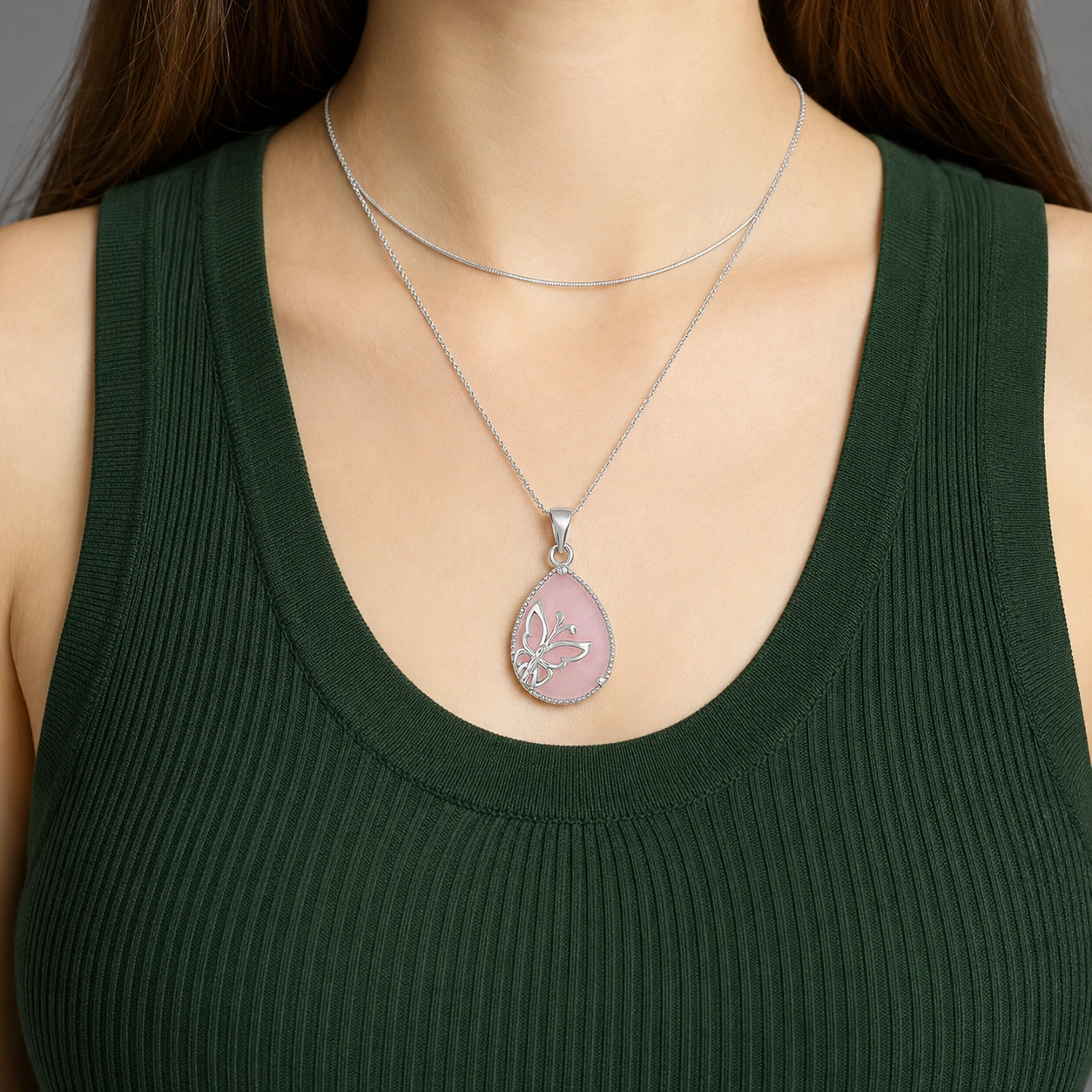 Rose Quartz Butterfly Pendant – with silver chain Rose Quartz Butterfly Pendant - with silver chain - Image 1