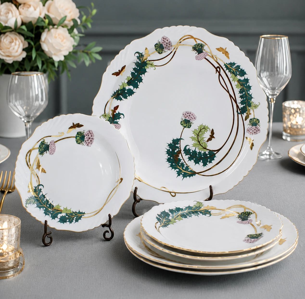 Thistle Design Porcelain Dessert Set – 21 Carat Gold Accent Thistle Design Porcelain Dessert Set – 21 Carat Gold Accent - Image 1