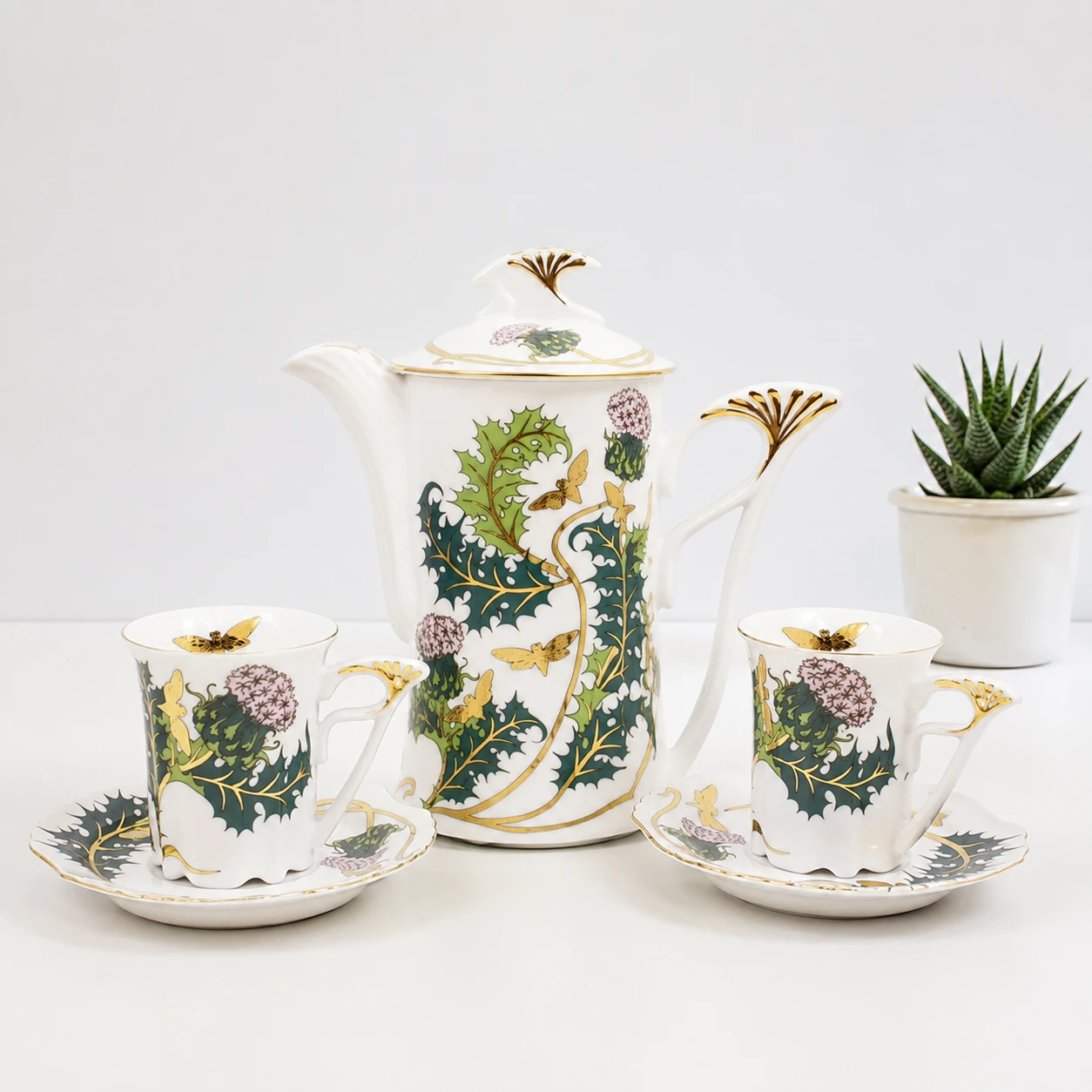 Thistle Design Porcelain Mocca Set – 21 Carat Gold Accent Thistle Design Porcelain Mocca Set – 21 Carat Gold Accent - Image 1